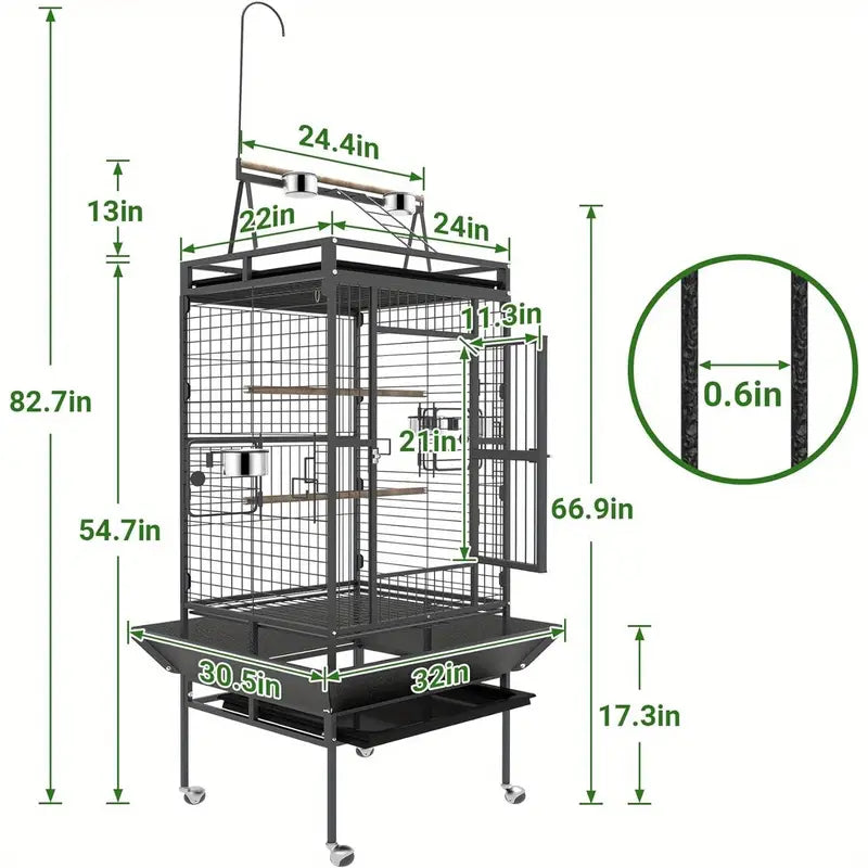 82 Inch Bird Cage, Bird Flight Cages with Rolling Stand & Bottom Tray, Wrought Iron Parrot Cage with PlayTop for Parakeet, Lovebirds, Ringneck, Cockatiels