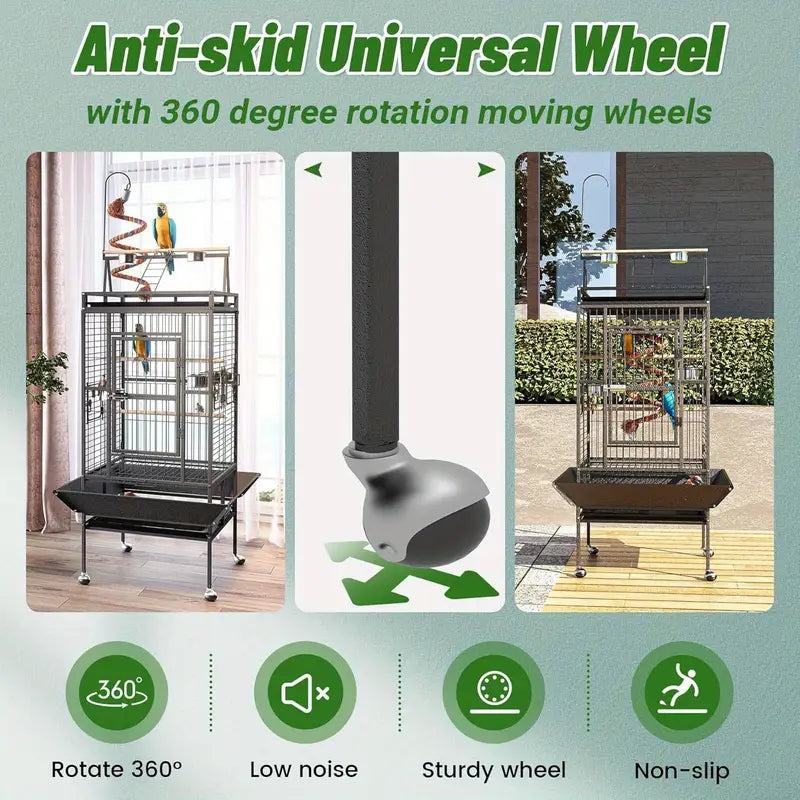 82 Inch Bird Cage, Bird Flight Cages with Rolling Stand & Bottom Tray, Wrought Iron Parrot Cage with PlayTop for Parakeet, Lovebirds, Ringneck, Cockatiels