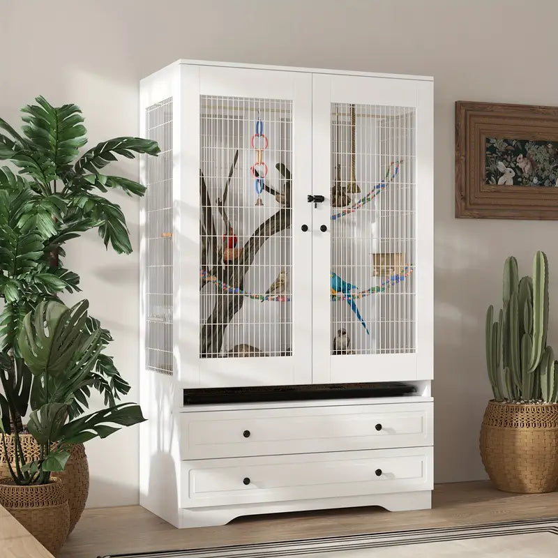 [Modern White Bird Cage] Modern White Bird Cage with Dual Drawer Storage & Bottom Tray - Multifunctional Bird Nest House, Fenced Ventilation (39.3"W X 19.6"D X 63"H)