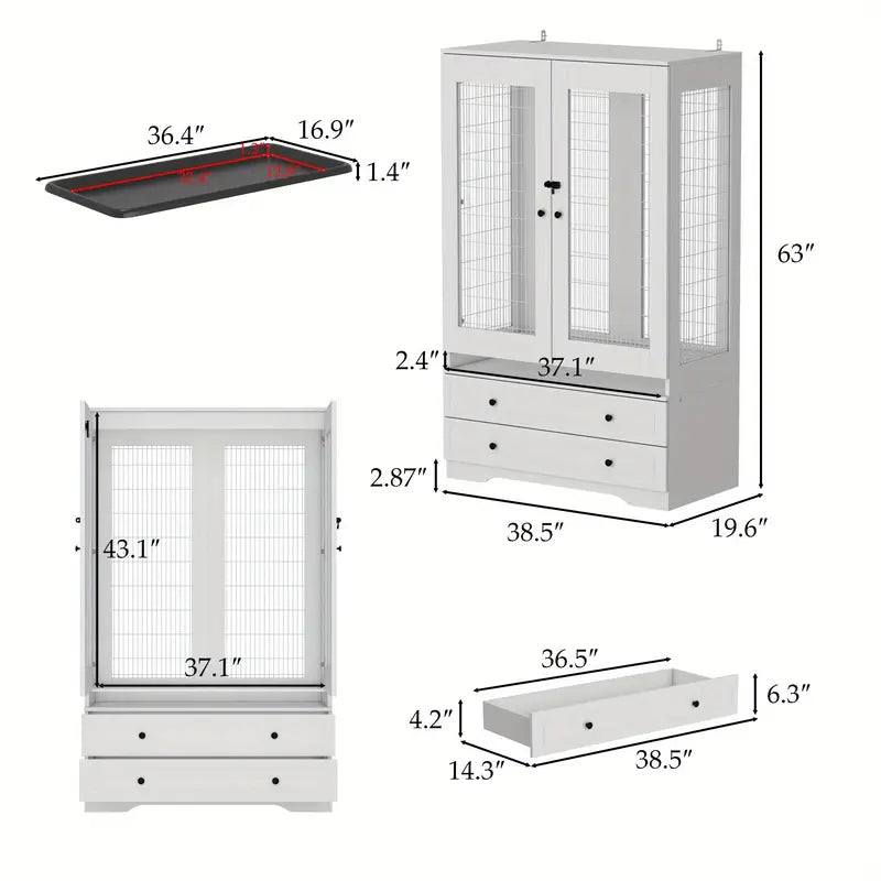 [Modern White Bird Cage] Modern White Bird Cage with Dual Drawer Storage & Bottom Tray - Multifunctional Bird Nest House, Fenced Ventilation (39.3"W X 19.6"D X 63"H)