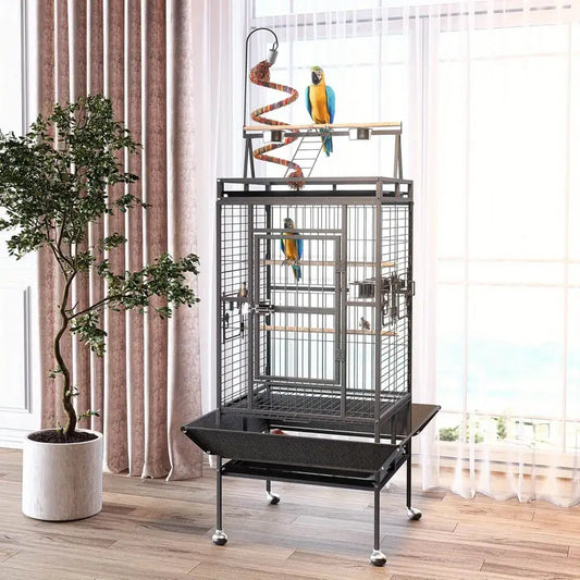 82 Inch Bird Cage, Bird Flight Cages with Rolling Stand & Bottom Tray, Wrought Iron Parrot Cage with PlayTop for Parakeet, Lovebirds, Ringneck, Cockatiels