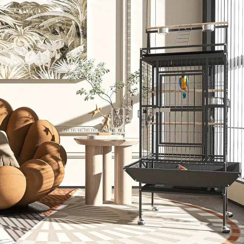 82 Inch Bird Cage, Bird Flight Cages with Rolling Stand & Bottom Tray, Wrought Iron Parrot Cage with PlayTop for Parakeet, Lovebirds, Ringneck, Cockatiels