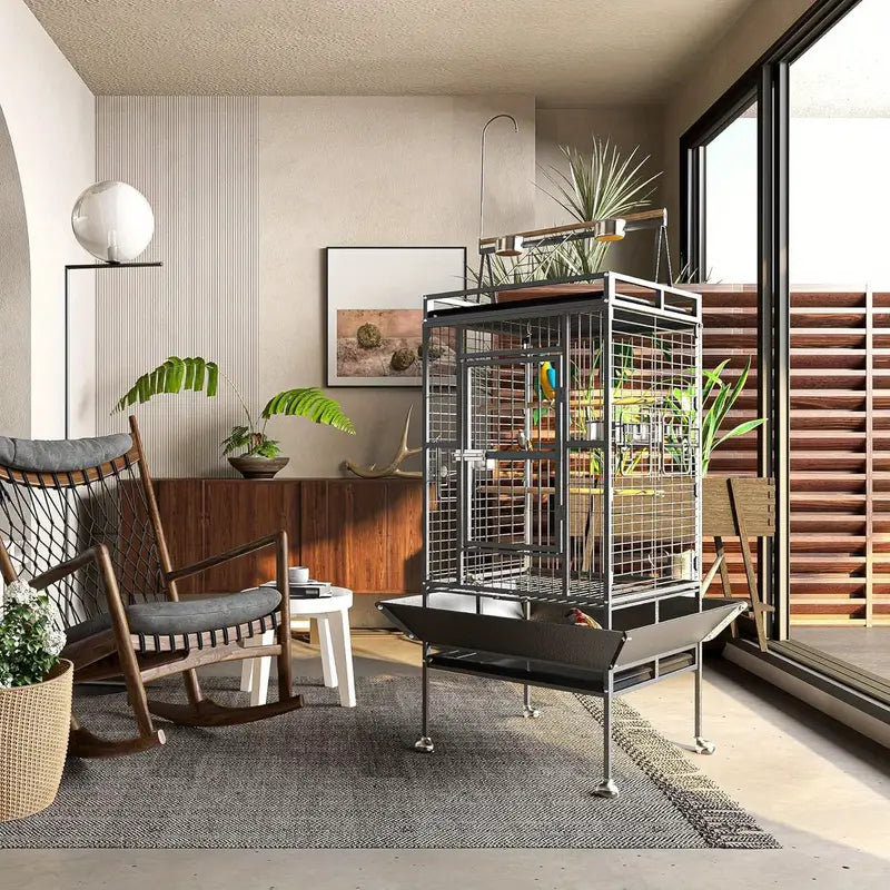 82 Inch Bird Cage, Bird Flight Cages with Rolling Stand & Bottom Tray, Wrought Iron Parrot Cage with PlayTop for Parakeet, Lovebirds, Ringneck, Cockatiels