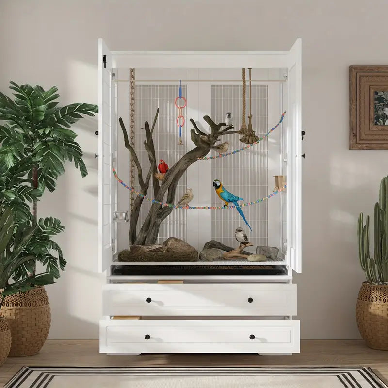 [Modern White Bird Cage] Modern White Bird Cage with Dual Drawer Storage & Bottom Tray - Multifunctional Bird Nest House, Fenced Ventilation (39.3"W X 19.6"D X 63"H)