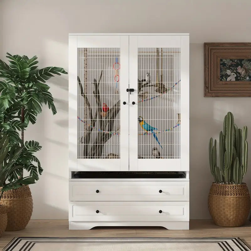 [Modern White Bird Cage] Modern White Bird Cage with Dual Drawer Storage & Bottom Tray - Multifunctional Bird Nest House, Fenced Ventilation (39.3"W X 19.6"D X 63"H)