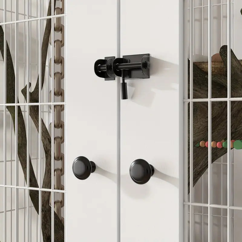 [Modern White Bird Cage] Modern White Bird Cage with Dual Drawer Storage & Bottom Tray - Multifunctional Bird Nest House, Fenced Ventilation (39.3"W X 19.6"D X 63"H)
